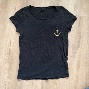 J. Crew Gold Embroidered Anchor Black Burnout  Short Sleeve Tee T Shirt Top Sz M